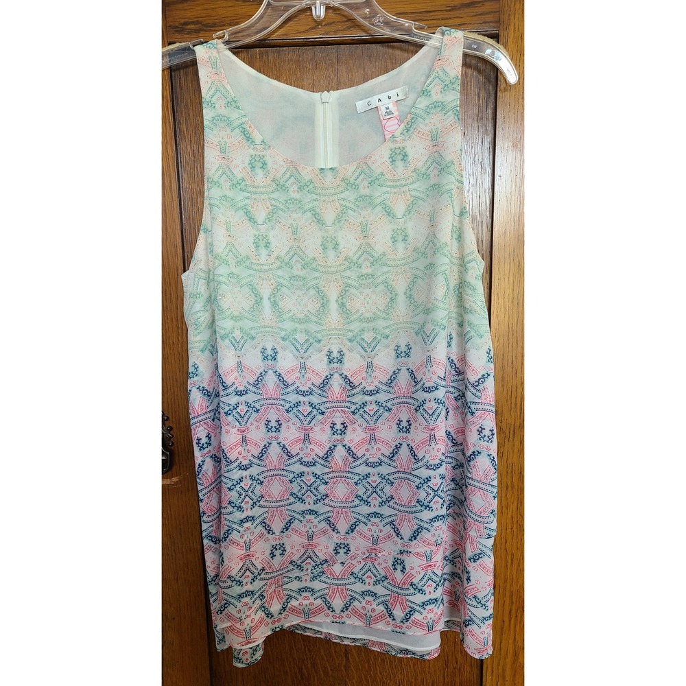 Cabi Women M Sleeveless Geometric Paisley Print Tunic Blouse Pink Green 250